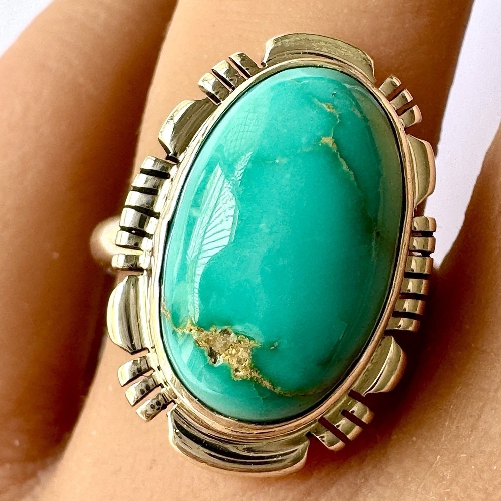 Navajo Turquoise Ring Sz 7.5 Sterling Signed A Fluted Edge High Shine Native Am